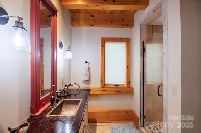 54 Cottage Grove Dr, Nebo, NC 28761 - bathroom featuring tile patterned flooring, a shower stall, vanity, wooden ceiling, and beamed ceiling