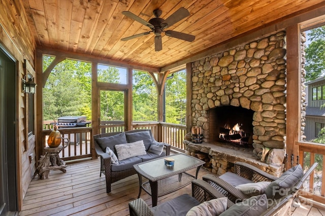 54 Cottage Grove Dr, Nebo, NC 28761 - sunroom / solarium with an outdoor living space with a fireplace and ceiling fan