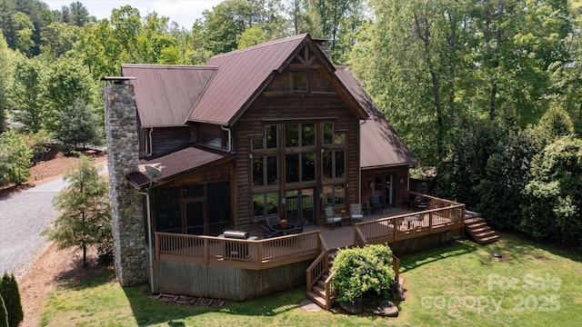 54 Cottage Grove Dr, Nebo, NC 28761 - back of house featuring stairway, a yard, a chimney, and a deck