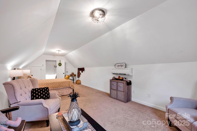 interior space with a wall mounted air conditioner, lofted ceiling, carpet floors, and baseboards