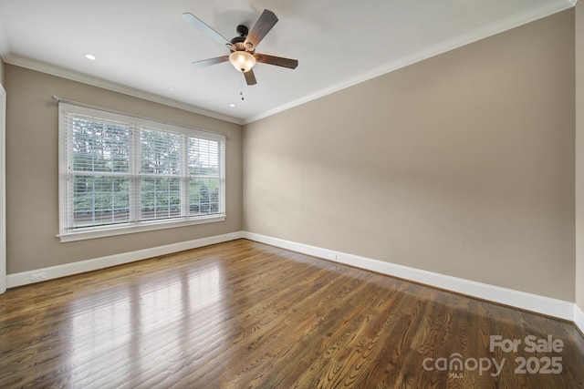 empty room featuring baseboards, recessed lighting, wood finished floors, ceiling fan, and ornamental molding