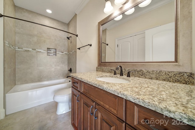 bathroom featuring tile patterned floors,  shower combination, toilet, recessed lighting, and vanity