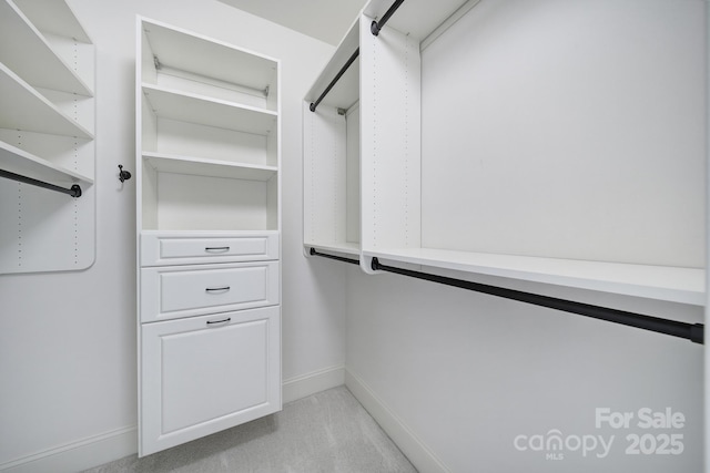 walk in closet featuring light colored carpet