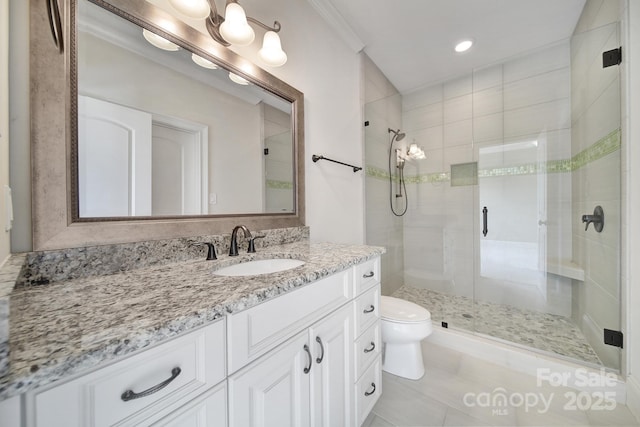 full bath with tile patterned floors, toilet, recessed lighting, a shower stall, and vanity