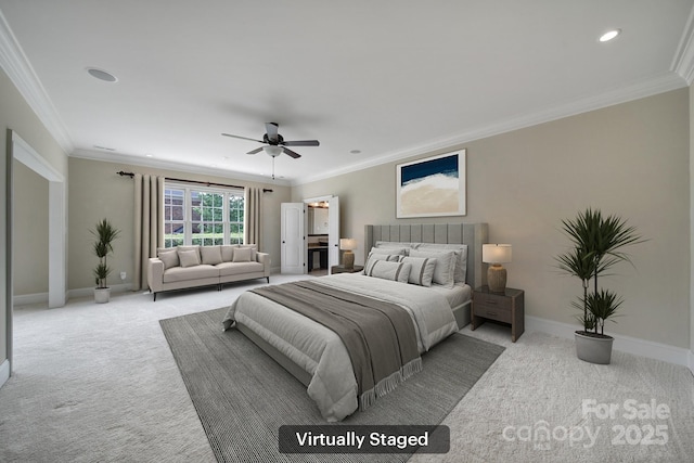carpeted bedroom featuring ceiling fan, baseboards, crown molding, and recessed lighting
