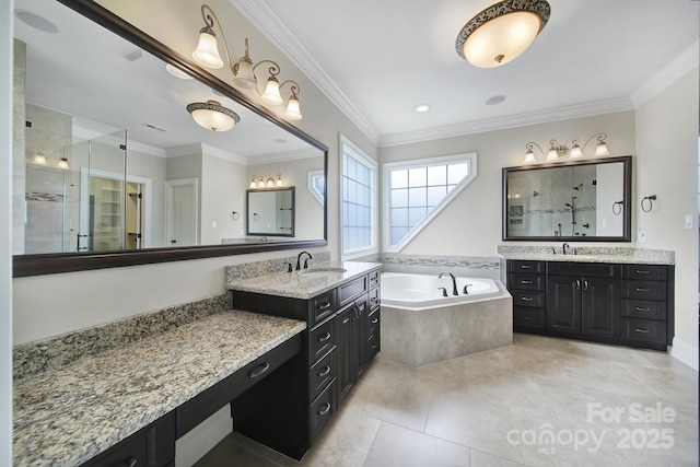 full bathroom with tile patterned flooring, a shower stall, a bath, a sink, and crown molding