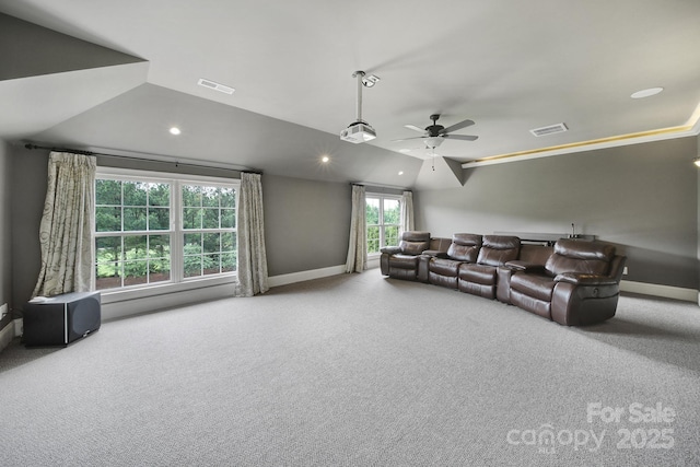 living area featuring baseboards, visible vents, carpet, recessed lighting, and ceiling fan