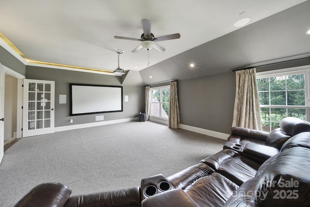 carpeted home theater room with a ceiling fan, baseboards, and recessed lighting