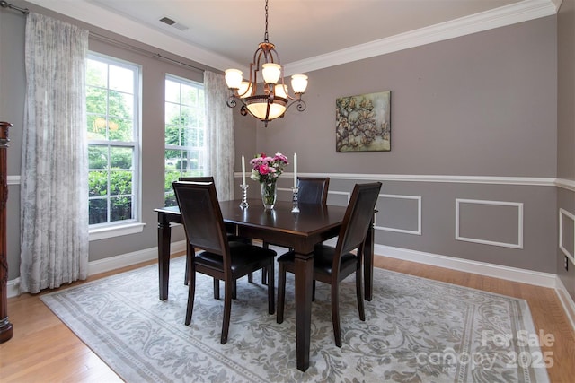 3404 Pasture View Ct, Charlotte, NC 28269 - dining room featuring a chandelier, wood finished floors, ornamental molding, a wainscoted wall, and baseboards