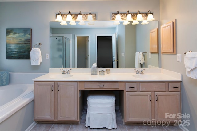 3404 Pasture View Ct, Charlotte, NC 28269 - full bathroom featuring a shower stall, double vanity, a garden tub, and tile patterned floors
