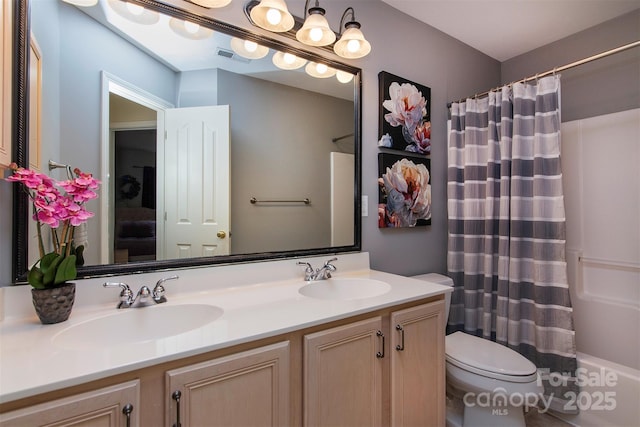 3404 Pasture View Ct, Charlotte, NC 28269 - bathroom with double vanity, toilet, and shower / bath combination with curtain