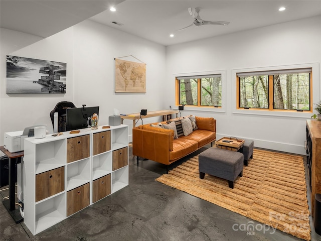 146 Timber Creek Rd, Hendersonville, NC 28739 - interior space with recessed lighting, finished concrete floors, visible vents, and a ceiling fan