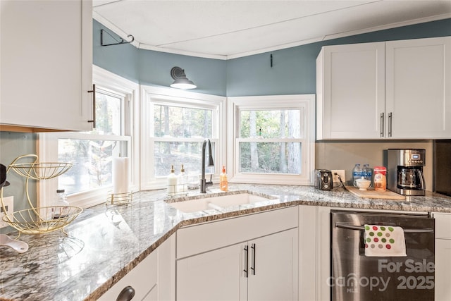 6778 Emerald Isle Dr, Sherrills Ford, NC 28673 - kitchen featuring dishwashing machine, white cabinetry, and light stone countertops