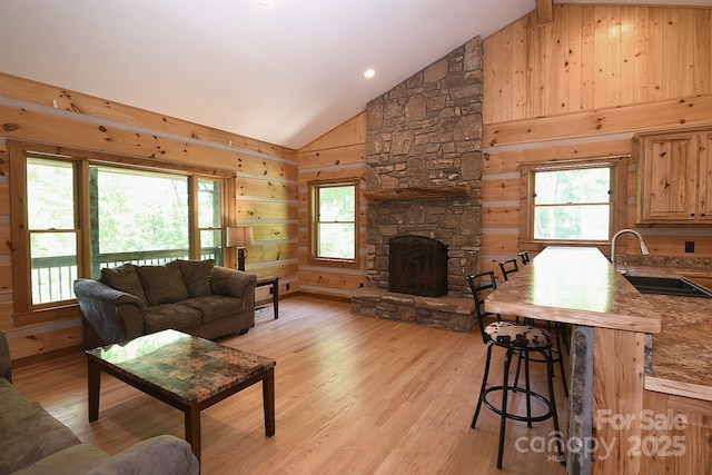 living area with wood walls, a healthy amount of sunlight, and light wood-type flooring