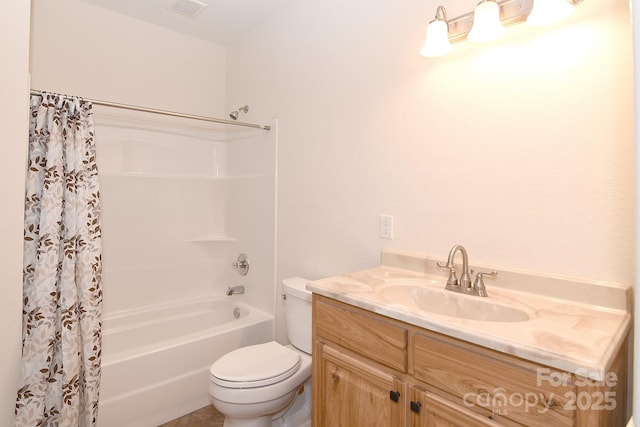 full bathroom featuring visible vents, toilet, vanity, and shower / bath combo with shower curtain