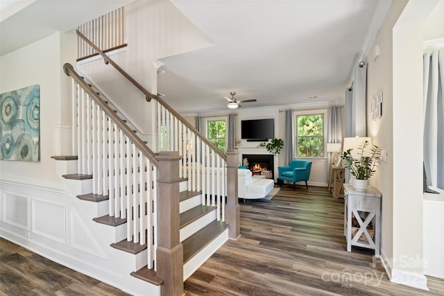 513 Sandbar Pt, Lake Wylie, SC 29710 - stairs with wood finished floors, a warm lit fireplace, and ceiling fan