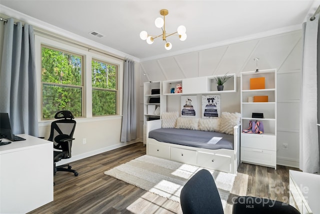 513 Sandbar Pt, Lake Wylie, SC 29710 - bedroom with a notable chandelier, baseboards, dark wood finished floors, visible vents, and lofted ceiling