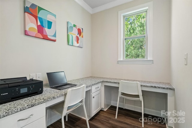 513 Sandbar Pt, Lake Wylie, SC 29710 - home office featuring dark wood-type flooring, built in desk, and crown molding
