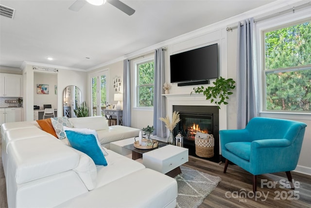 513 Sandbar Pt, Lake Wylie, SC 29710 - living room with visible vents, ceiling fan, crown molding, wood finished floors, and a large fireplace