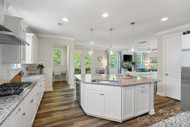 513 Sandbar Pt, Lake Wylie, SC 29710 - kitchen featuring ornamental molding, plenty of natural light, wall chimney exhaust hood, appliances with stainless steel finishes, and a sink