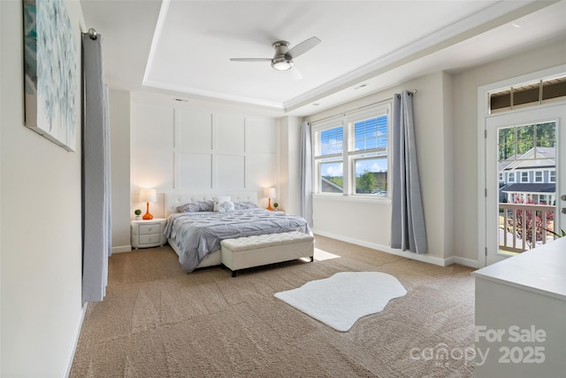 513 Sandbar Pt, Lake Wylie, SC 29710 - bedroom featuring a tray ceiling, baseboards, a ceiling fan, and carpet
