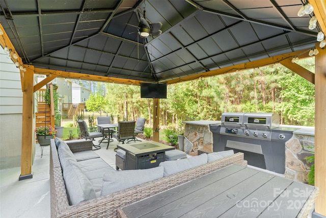 513 Sandbar Pt, Lake Wylie, SC 29710 - view of patio with an outdoor kitchen, an outdoor hangout area, stairway, a gazebo, and outdoor dining space
