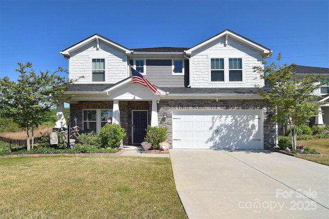 11616 Solstice Way, Huntersville, NC 28078 - craftsman house with a front lawn, stone siding, a garage, and concrete driveway