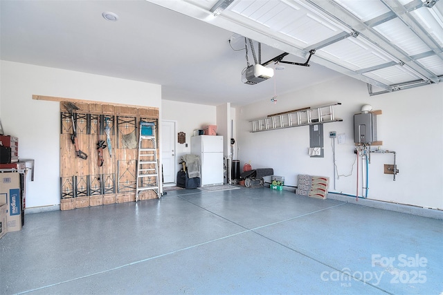 11616 Solstice Way, Huntersville, NC 28078 - garage featuring electric panel, water heater, freestanding refrigerator, and a garage door opener