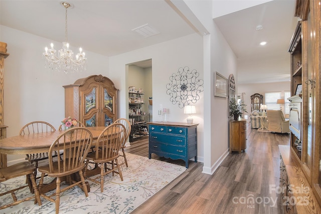 11616 Solstice Way, Huntersville, NC 28078 - dining area featuring baseboards, recessed lighting, an inviting chandelier, dark wood-style floors, and visible vents