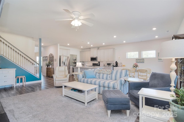 11616 Solstice Way, Huntersville, NC 28078 - living room with stairway, ceiling fan, light wood-style floors, and recessed lighting