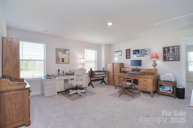 11616 Solstice Way, Huntersville, NC 28078 - home office featuring attic access, visible vents, a wealth of natural light, and light carpet