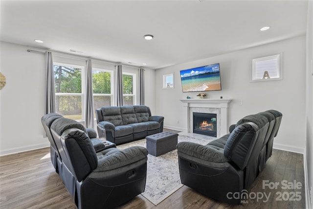 184 Tetcott St, Mooresville, NC 28115 - living area with a premium fireplace, wood finished floors, and baseboards