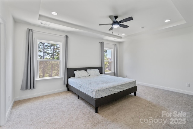 184 Tetcott St, Mooresville, NC 28115 - bedroom featuring carpet floors, a tray ceiling, baseboards, visible vents, and recessed lighting