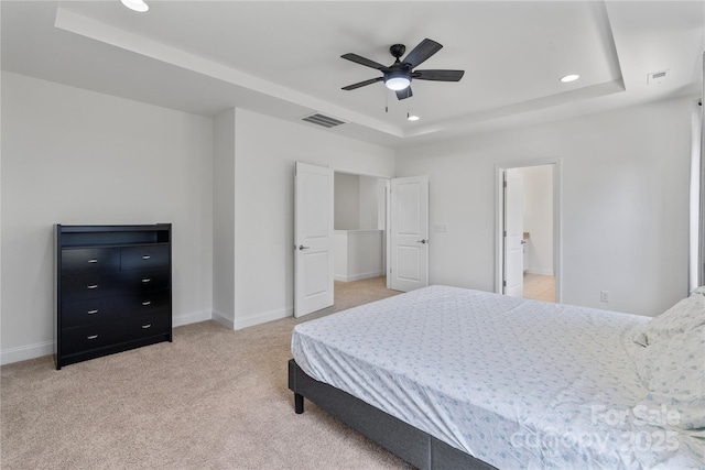 184 Tetcott St, Mooresville, NC 28115 - bedroom featuring visible vents, recessed lighting, a raised ceiling, and light colored carpet
