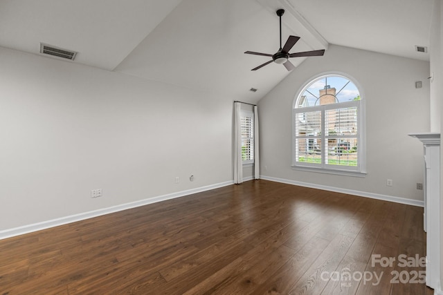7502 Hurstbourne Green Dr, Charlotte, NC 28277 - unfurnished living room featuring ceiling fan, lofted ceiling with beams, dark wood finished floors, visible vents, and baseboards