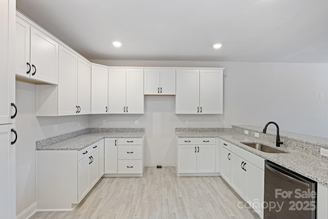 4175 River Run Cir, Hickory, NC 28602 - kitchen featuring stainless steel dishwasher, light wood-type flooring, white cabinetry, light stone counters, and a sink