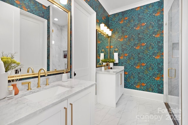 full bathroom with a sink, marble finish floor, and wallpapered walls