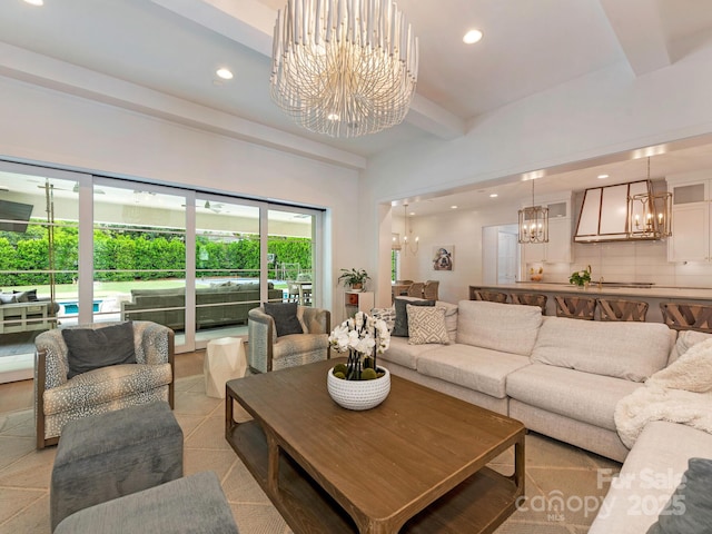 living area with recessed lighting, light tile patterned floors, beam ceiling, and a notable chandelier