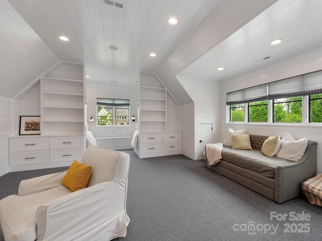 carpeted living room with recessed lighting, vaulted ceiling, built in features, and wood ceiling