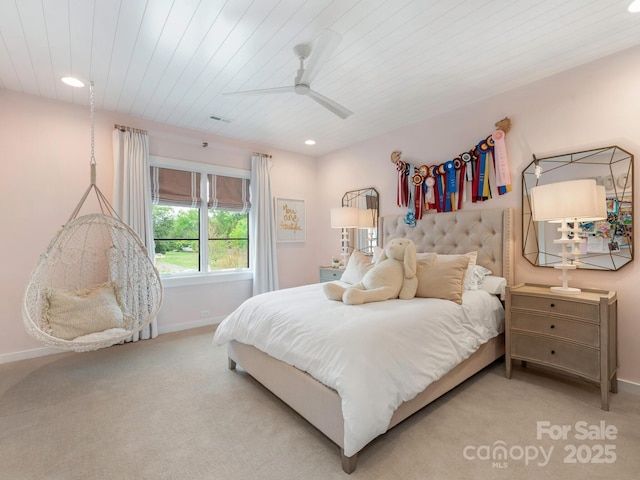 carpeted bedroom with wooden ceiling, recessed lighting, baseboards, and a ceiling fan