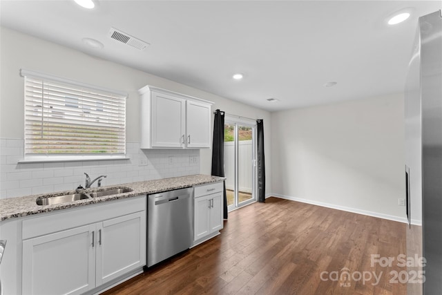 kitchen featuring stainless steel dishwasher, a sink, white cabinets, dark wood finished floors, and visible vents