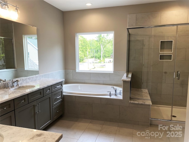 117 Blackbeard Ln, Mooresville, NC 28117 - full bath featuring a stall shower, a bath, vanity, tile patterned flooring, and recessed lighting