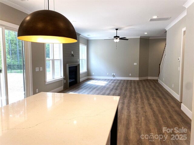 117 Blackbeard Ln, Mooresville, NC 28117 - unfurnished living room with baseboards, ornamental molding, dark wood-style floors, and a healthy amount of sunlight