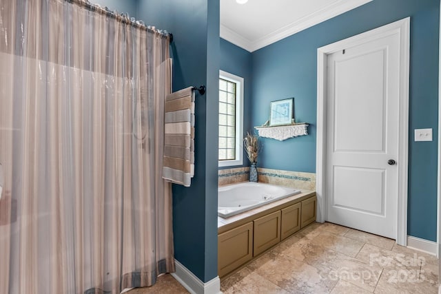 bathroom with baseboards, crown molding, a whirlpool tub, and curtained shower