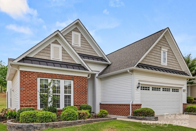 20135 Dovekie Ln, Fort Mill, SC 29707 - craftsman-style house with a standing seam roof, a garage, metal roof, driveway, and brick siding
