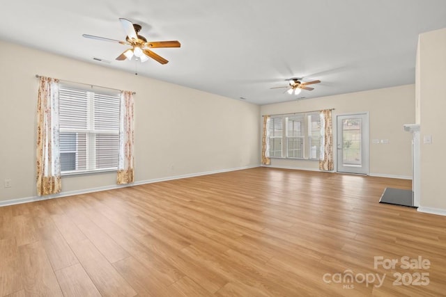 20135 Dovekie Ln, Fort Mill, SC 29707 - unfurnished living room with ceiling fan, baseboards, visible vents, and light wood-style floors