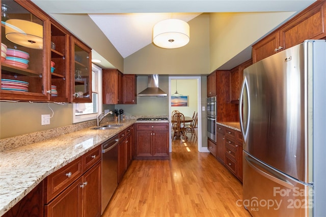 22 Robinhood Rd, Asheville, NC 28804 - kitchen with a sink, stainless steel appliances, wall chimney exhaust hood, vaulted ceiling, and light wood-style flooring