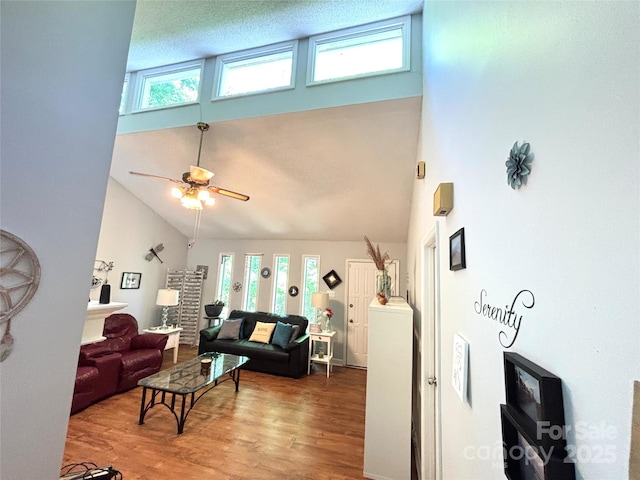 living room with high vaulted ceiling, ceiling fan, a healthy amount of sunlight, and wood finished floors