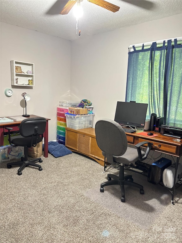 office space featuring carpet flooring, a textured ceiling, and ceiling fan