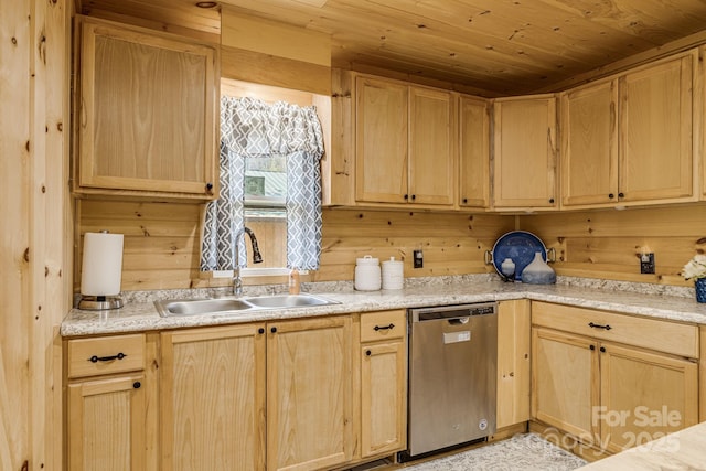 kitchen with a sink, light countertops, dishwasher, wooden ceiling, and light brown cabinetry